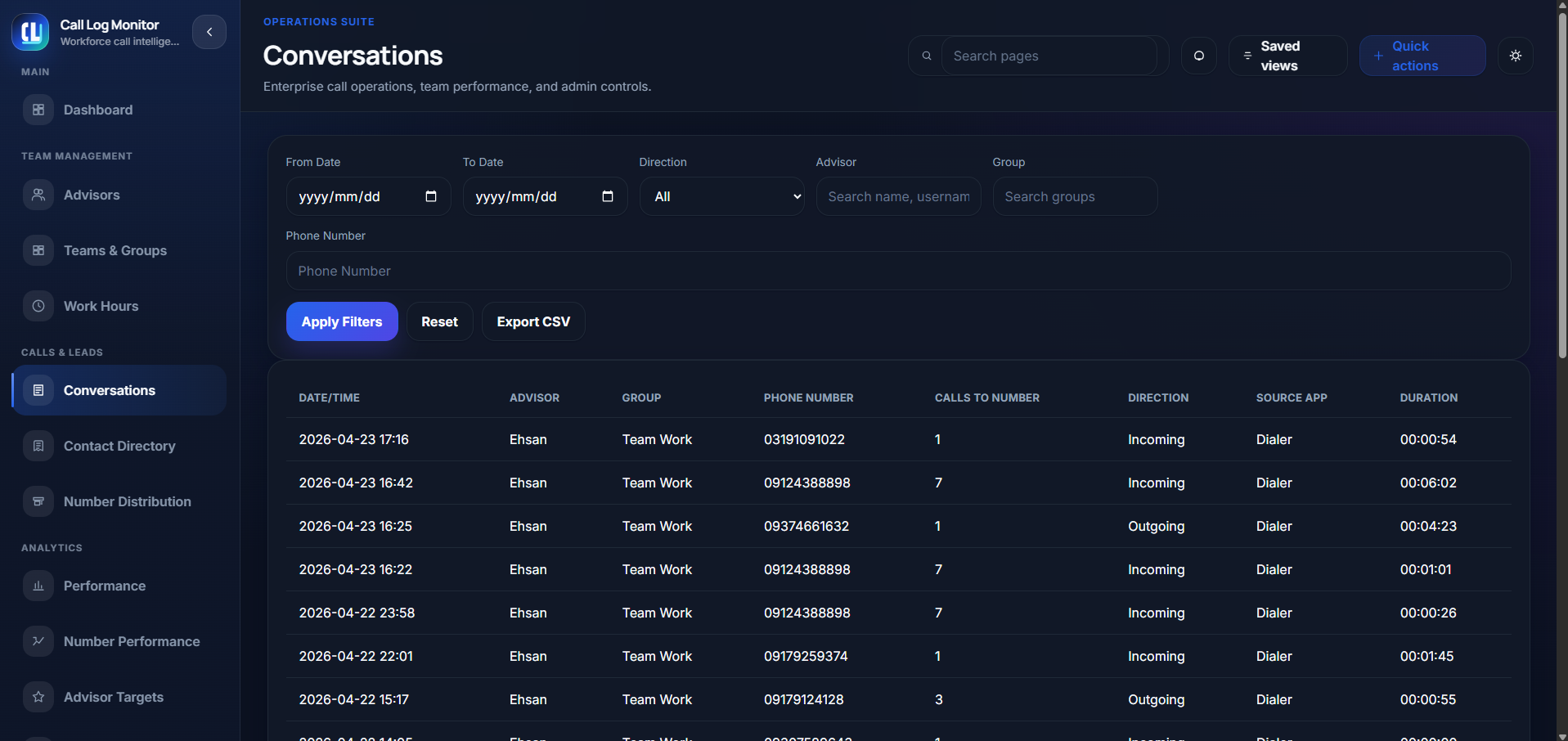 Conversations screen showing filters, advisors, groups, phone numbers, call counts, direction, source app, and duration